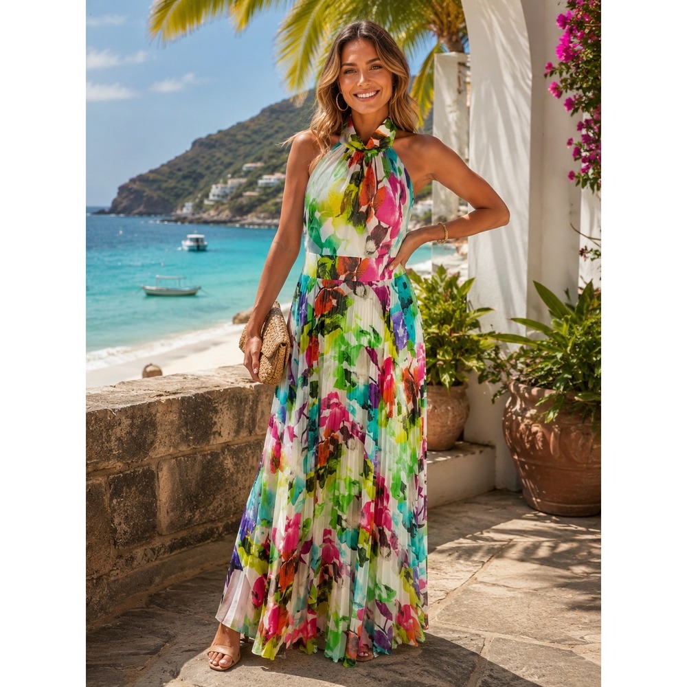 Eliza J Multicolor Floral Halter Maxi Dress